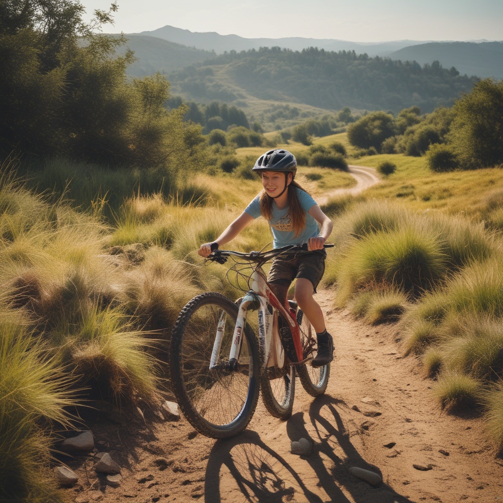 Young girl mountain biking down a hill